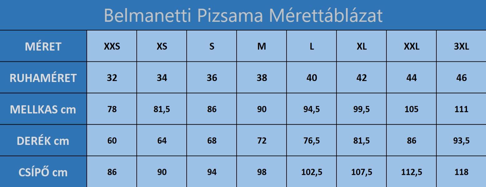 Belmanetti pizsama mérettáblázat